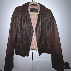 Brown leather moto jacket